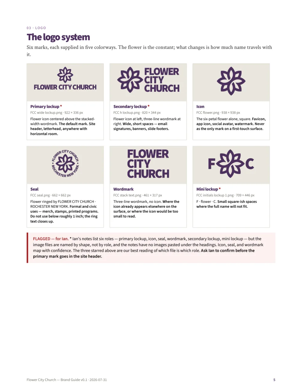 Brand guide page showing a logo system
